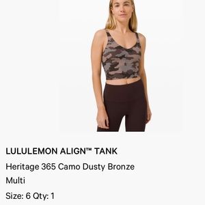 Lululemon align tank in 365 camo dusty bronze size 6 NWOT